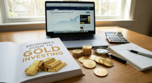 Beginners guide to gold investing with gold coins and text on blue background