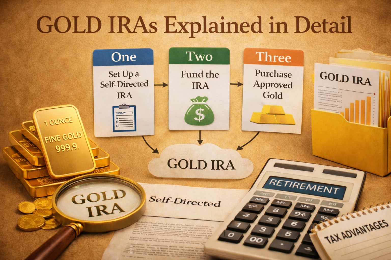 Gold IRAs explained in detail graphic with gold coins and informational theme
