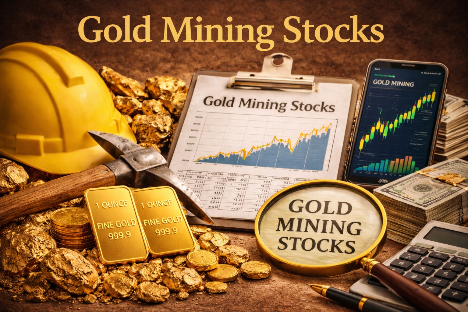 Gold mining stocks concept showing mining equipment and stock market graph