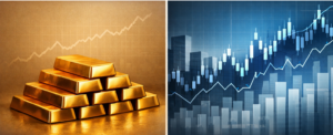 Gold vs stocks comparison graphic showing gold bars and rising stock market line