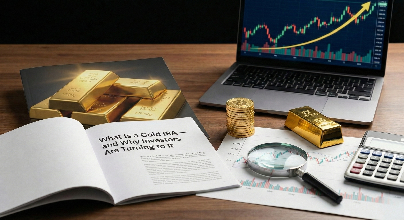 What Is a Gold IRA , Gold IRA investment concept with physical gold coins and bars on dark background