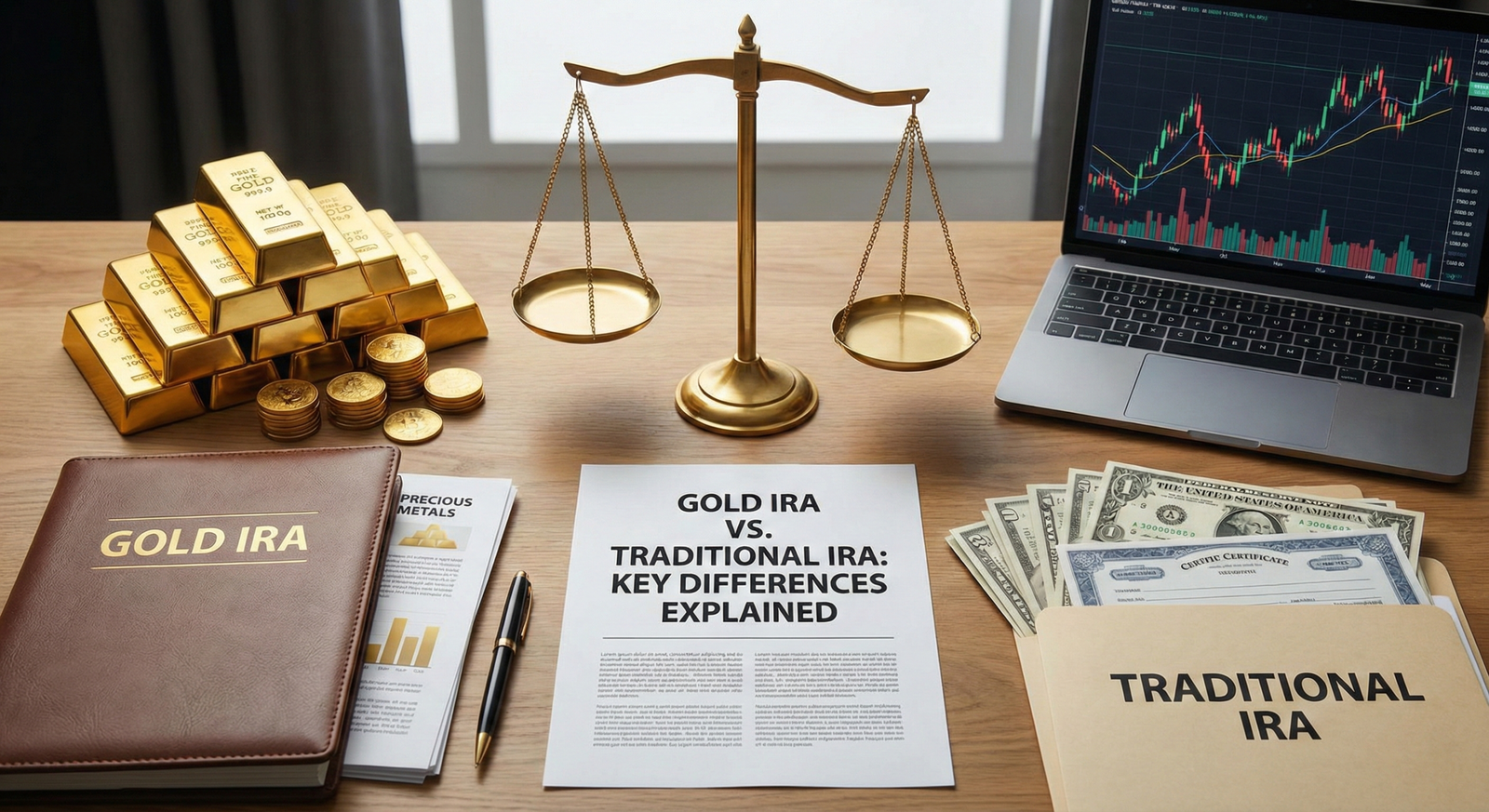 Gold IRA vs Traditional IRA comparison graphic showing gold coins and retirement icons