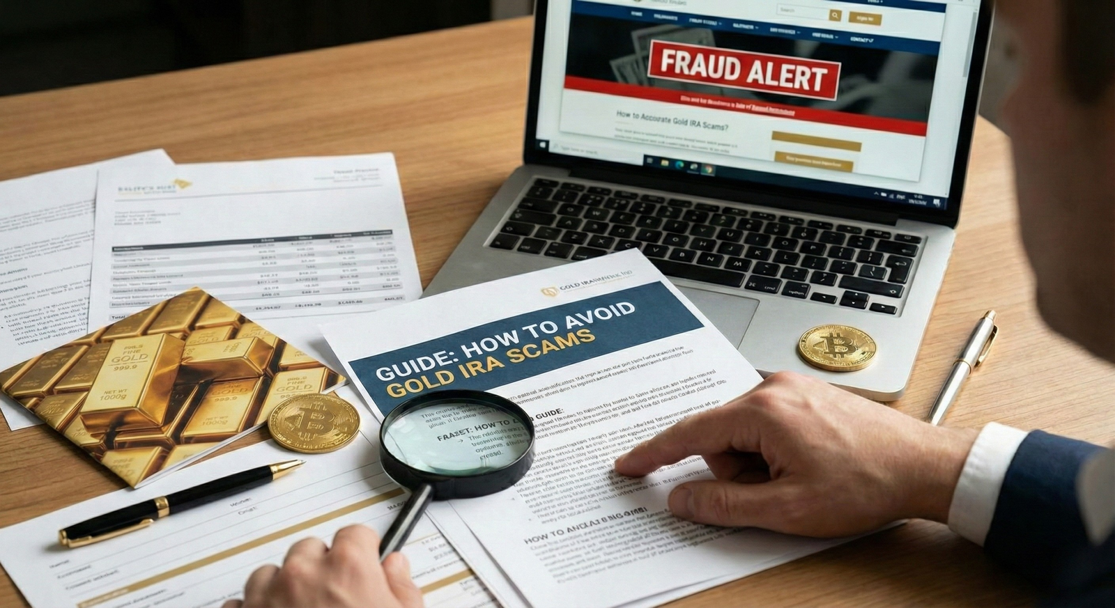 gold IRA scams, Scam alerts graphic with warning signs and gold coins about fraud in gold investing